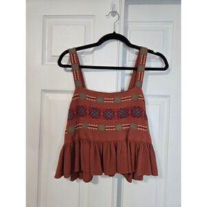 American Eagle Terracotta Embroidered Peplum Cami Top Smocked Back Large